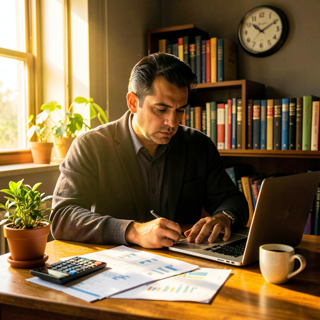 Vue d'une femme lisant un livre de gestion financière, avec des post-its jaunes sur les termes 'actif', 'passif' et 'épargne' collés sur la table