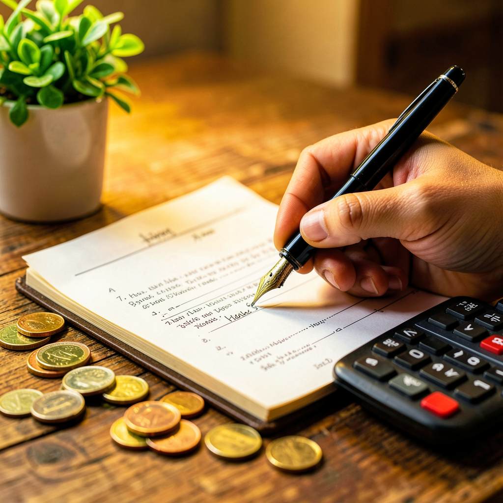 Illustration d'une femme tenant un tableau de gestion financière avec les termes 'budget' et 'investissement' au centre, entourés d'épargne et de dettes représentés par des pictogrammes