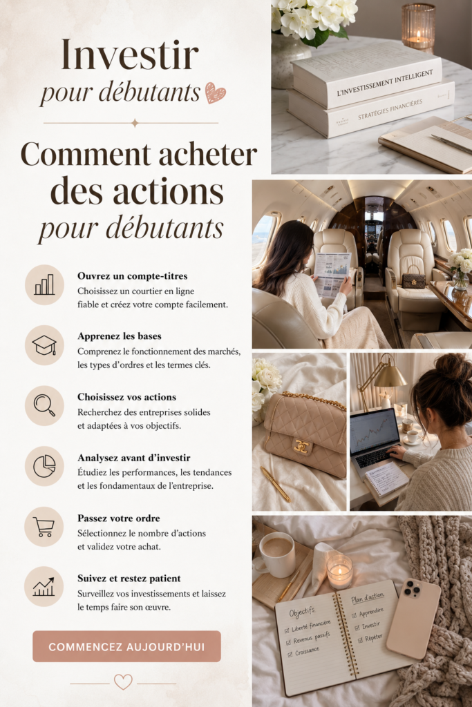 Une femme réfléchissant à des investissements boursiers, entourée de graphiques et de documents financiers.