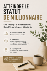 Femme souriante consultant un document sur l'investissement dans un IRA Roth, symbole de liberté financière.
