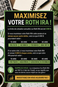 Femme consultant des documents de finance personnelle et souriant, avec une note sur les Roth IRA.
