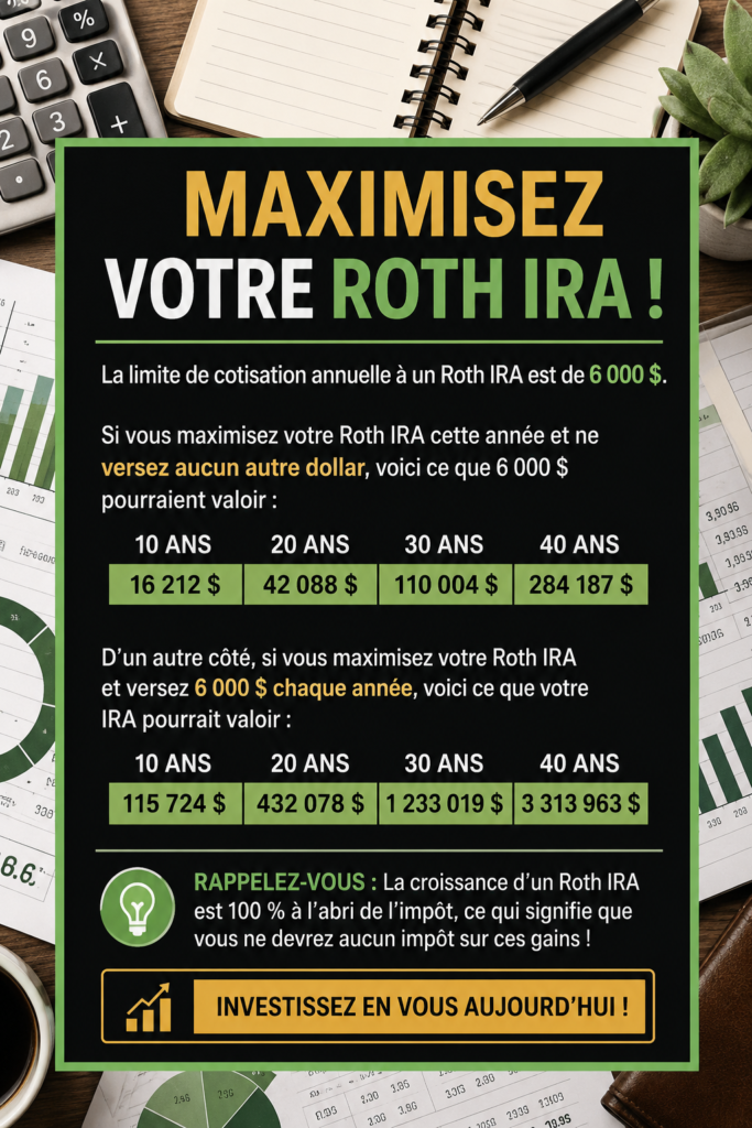 Femme consultant des documents de finance personnelle et souriant, avec une note sur les Roth IRA.