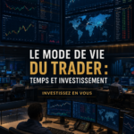 Femme en train de trader devant son ordinateur avec des graphiques financiers à l'écran.