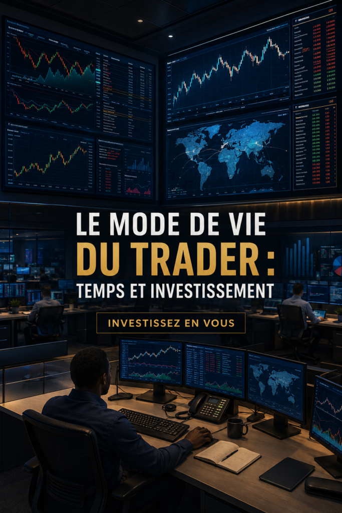 Femme en train de trader devant son ordinateur avec des graphiques financiers à l'écran.