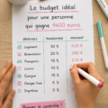 Femme souriante faisant ses courses avec un budget de 1400 euros.