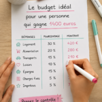 Femme souriante faisant ses courses avec un budget de 1400 euros.