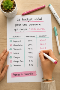 Femme souriante faisant ses courses avec un budget de 1400 euros.