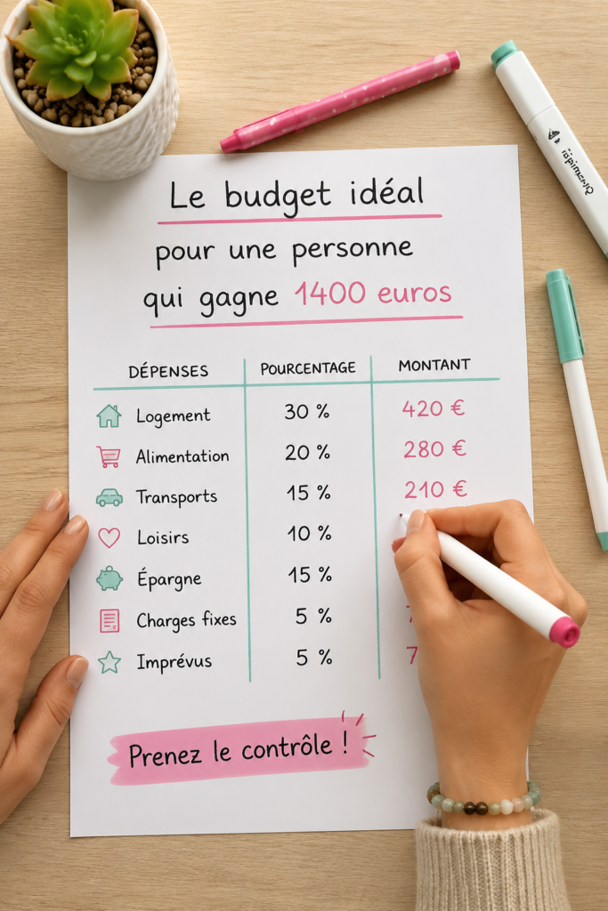 Femme souriante faisant ses courses avec un budget de 1400 euros.