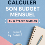Femme écrivant son budget sur un carnet avec une calculatrice