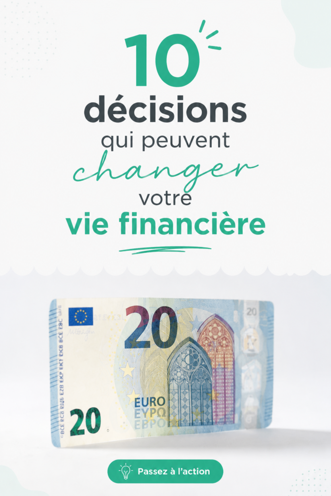 Femme souriante réfléchissant à ses décisions financières, entourée de documents et d'un ordinateur.