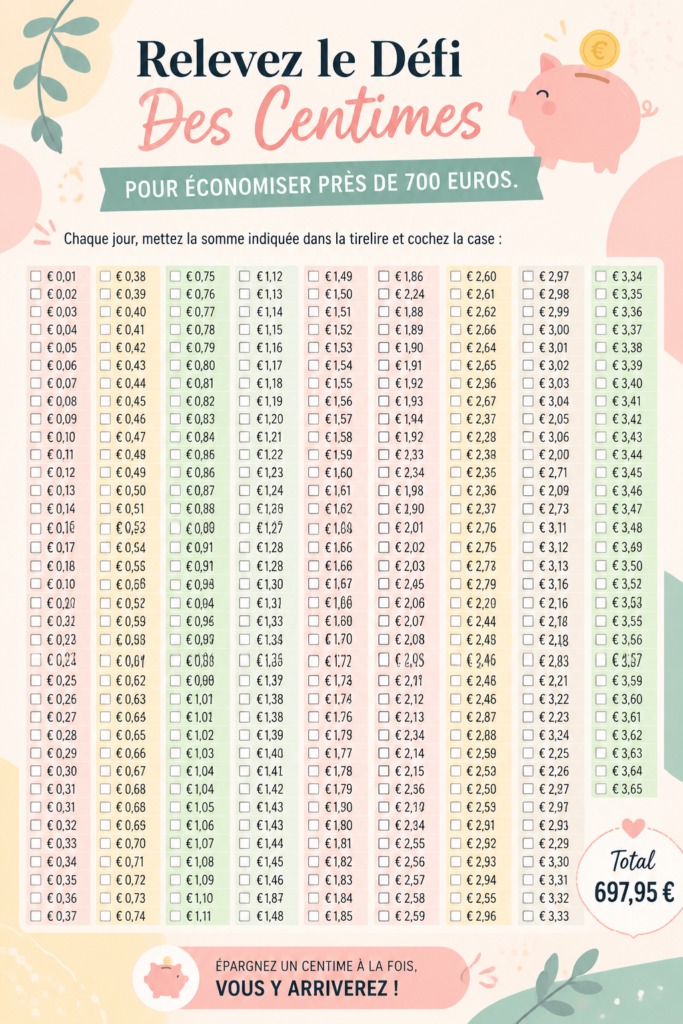 Femme souriante tenant une tirelire pleine de pièces, illustrant le défi des centimes pour économiser
