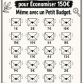Image d'une femme heureuse consultant son budget et planifiant ses économies de 150€