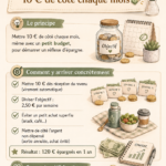 Un joli pot de verre rempli de pièces symbolisant l'épargne mensuelle de 10 €.