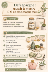 Un joli pot de verre rempli de pièces symbolisant l'épargne mensuelle de 10 €.