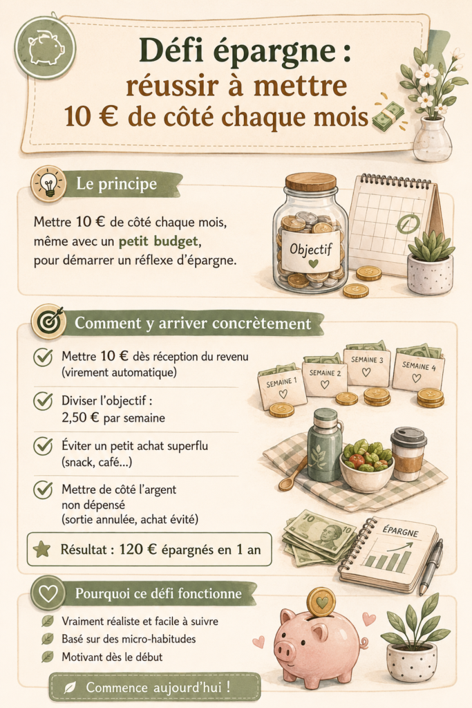 Un joli pot de verre rempli de pièces symbolisant l'épargne mensuelle de 10 €.