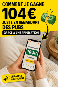 Une femme souriante utilisant une application sur son téléphone pour gagner de l'argent en regardant des publicités.