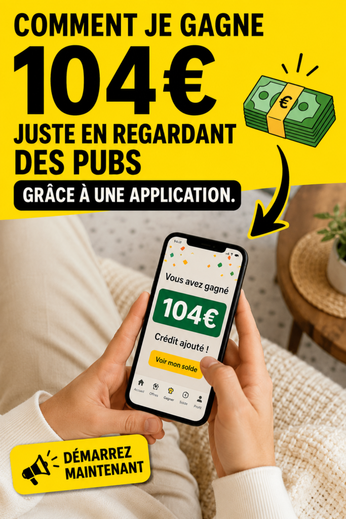 Une femme souriante utilisant une application sur son téléphone pour gagner de l'argent en regardant des publicités.