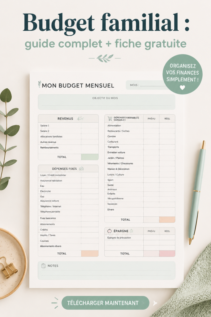 Une femme souriante examine son budget familial avec un ordinateur portable et des notes dans un cadre chaleureux.