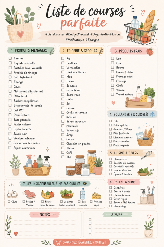 Une liste de courses écrite à la main sur une table avec des aliments frais.