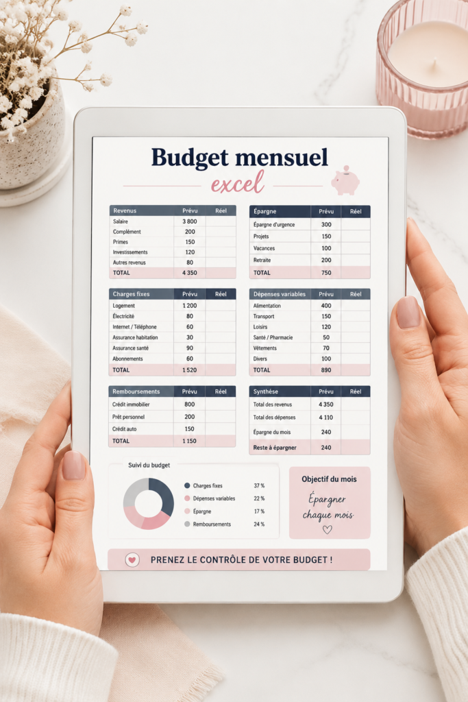 Modèle Excel illustrant un budget mensuel bien organisé