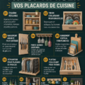Placards de cuisine bien organisés avec des rangements pratiques.