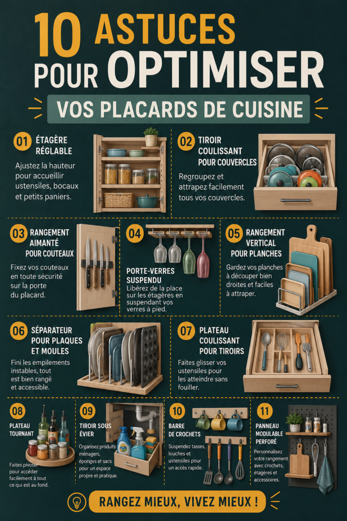 Placards de cuisine bien organisés avec des rangements pratiques.