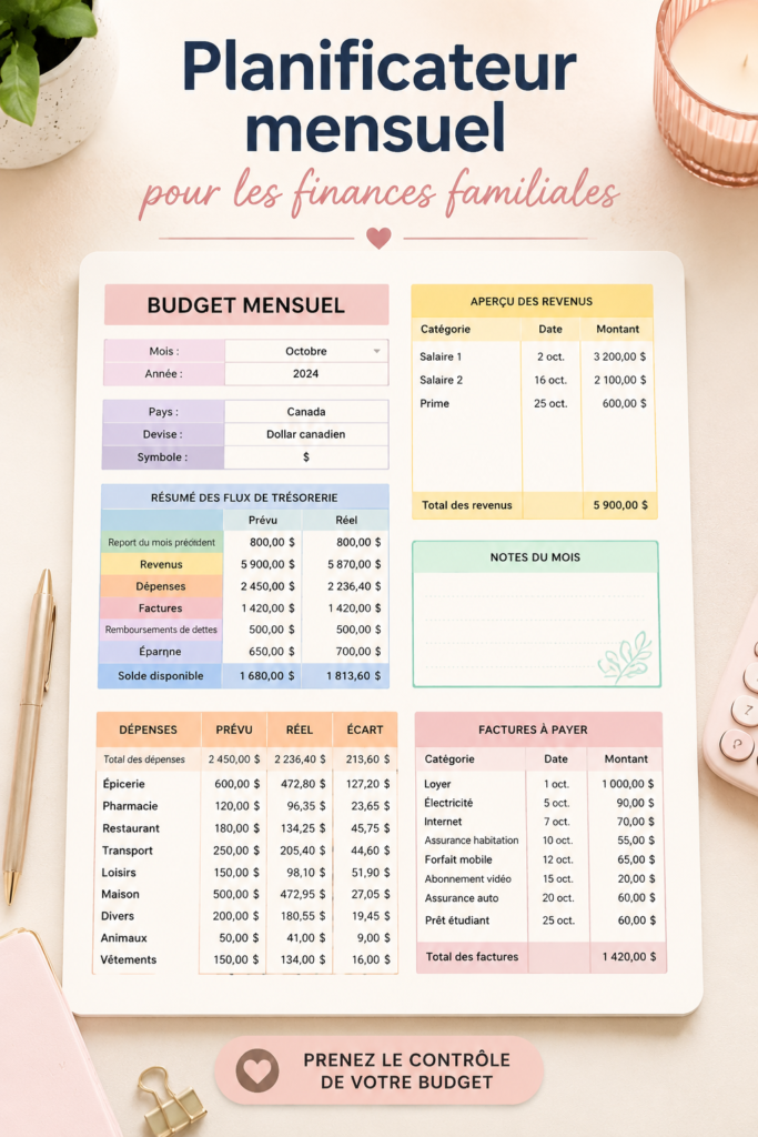 Image d'un planificateur de budget familial avec des notes et des calculs