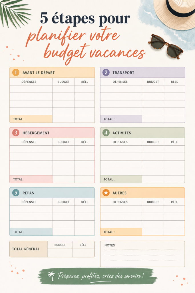 Femme souriante planifiant son budget vacances avec un ordinateur et des documents