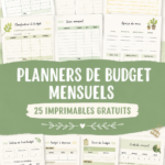 Une femme regardant un planner de budget mensuel avec des stylos de coloriage et des post-it.