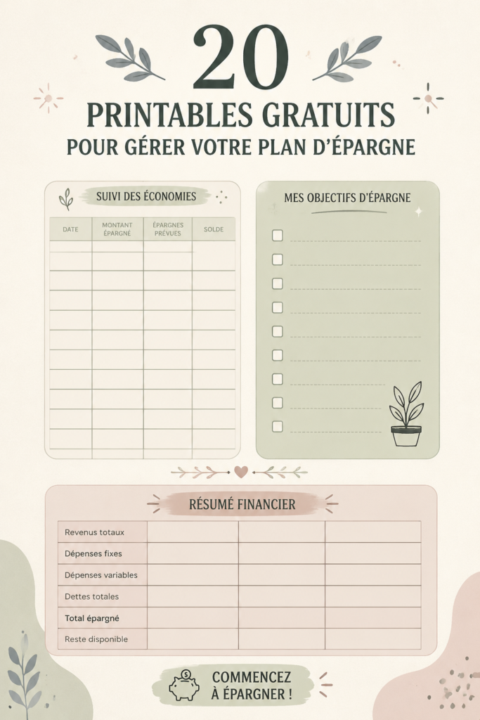 Un aperçu de divers printables de gestion d'épargne disposés sur une table.