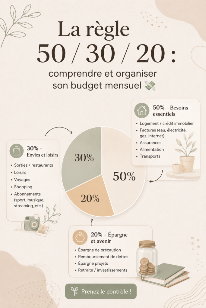 Un graphique illustrant la règle 50-30-20 pour organiser son budget