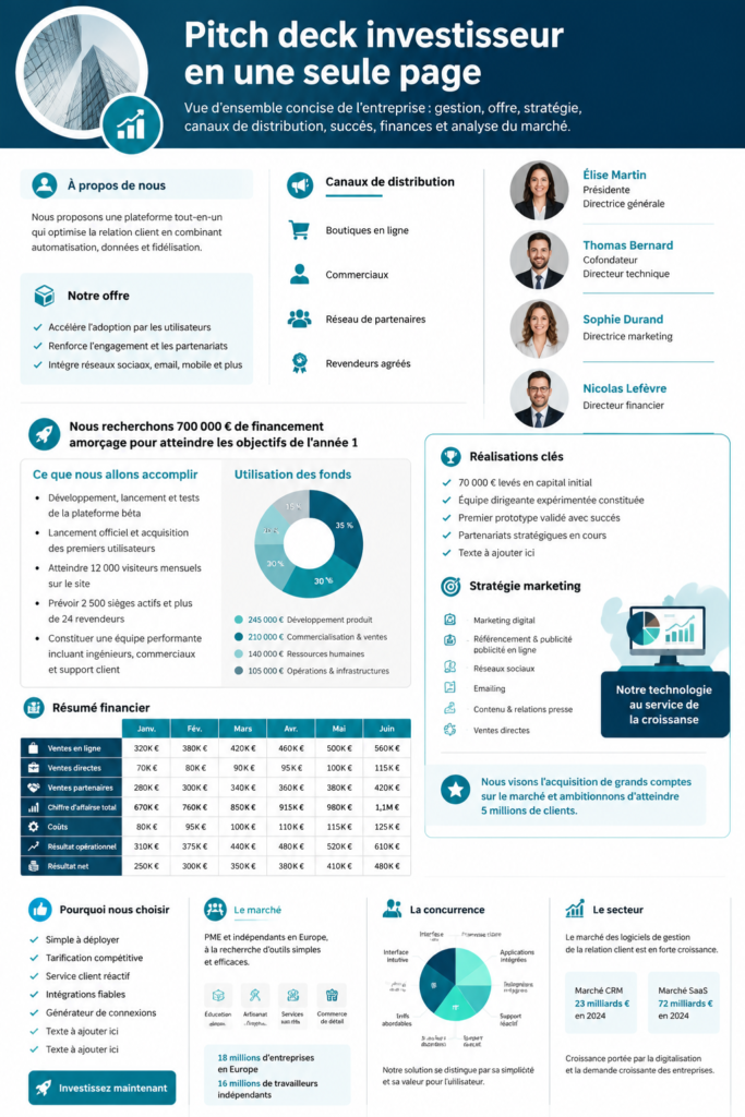 Un exemple de pitch deck efficace pour investisseurs, présentant des graphiques et des données clés.