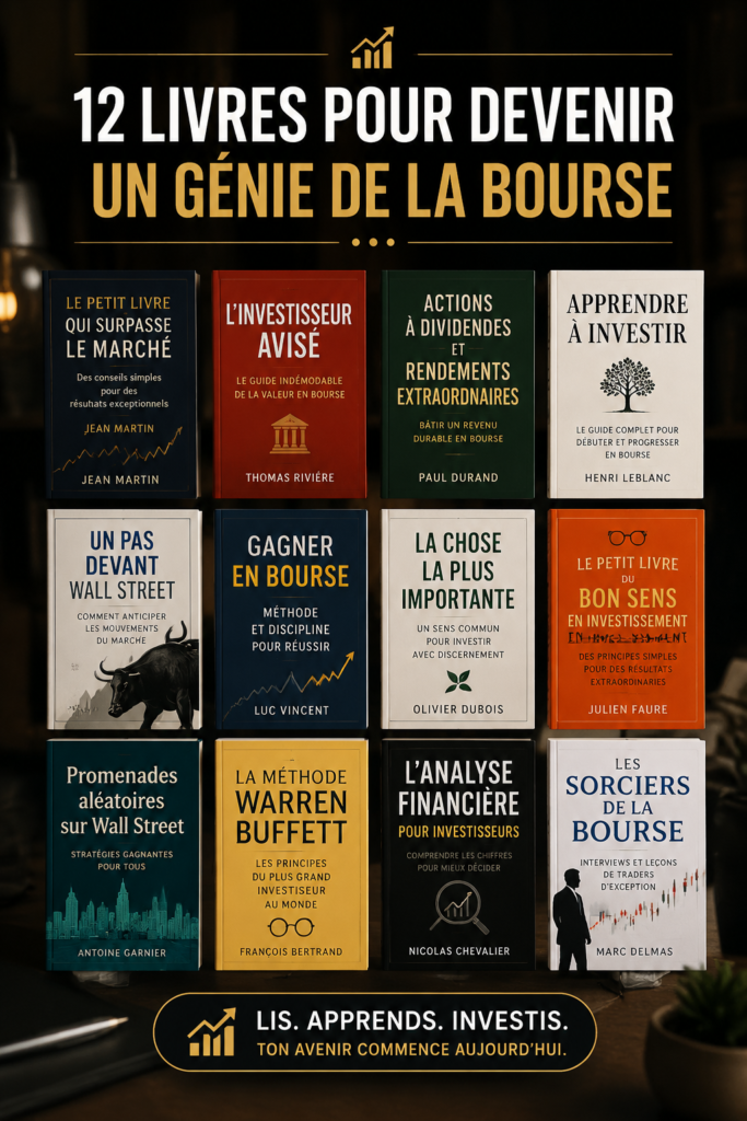 Couverture d'un livre sur la bourse, présentant des graphiques financiers et des arbres de décision, avec un style moderne et engageant.