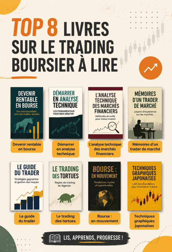 Une sélection de livres sur le trading boursier, représentée avec des couvertures colorées et attrayantes.