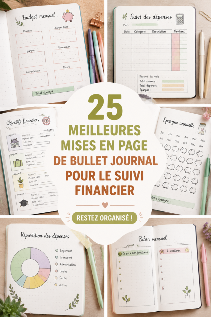 Un bullet journal ouvert avec des mises en page de suivi financier colorées et créatives
