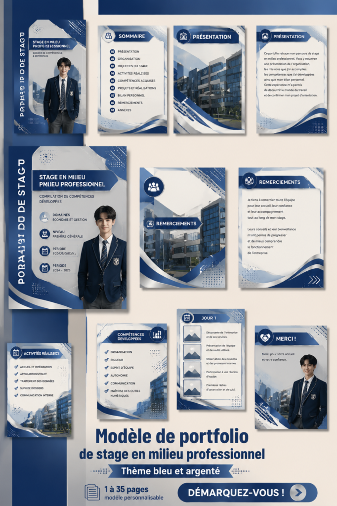 Modèle de portfolio d'immersion professionnelle en bleu et argent