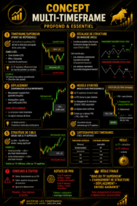 Femme consultant un graphique de trading multi-timeframes sur son ordinateur