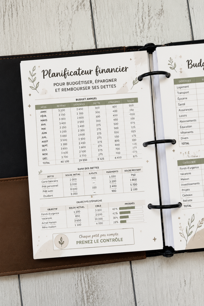 Planificateur financier ouvert sur une table avec des stylos et des notes