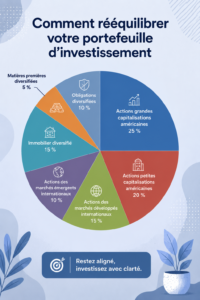 Un graphique illustrant le rééquilibrage d'un portefeuille d'investissement avec des symboles financiers.