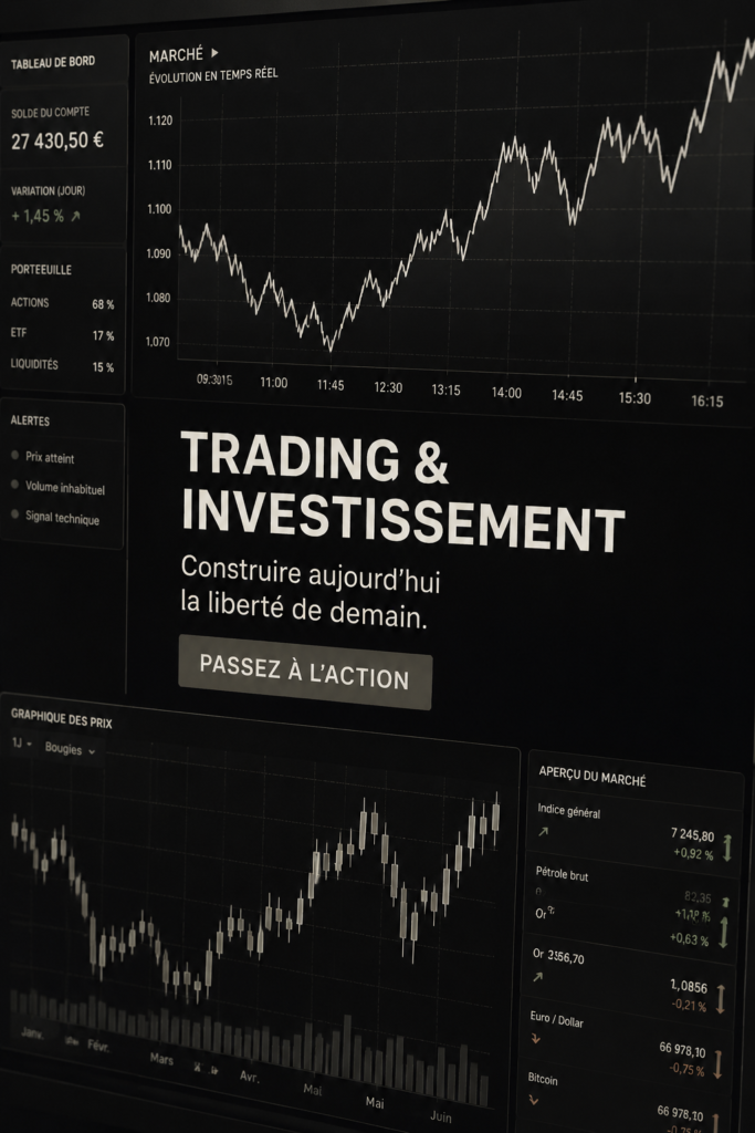 Femme souriante regardant des graphiques de trading sur son ordinateur.