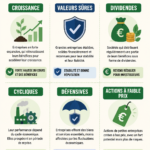Différents types d'actions illustrées, incluant croissance et dividendes.