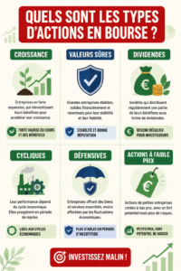 Différents types d'actions illustrées, incluant croissance et dividendes.