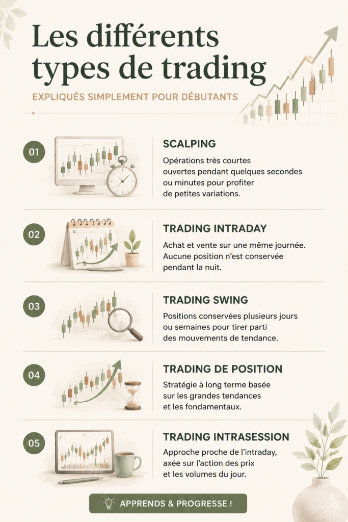 Interprétation graphique montrant différents types de trading pour débutants.