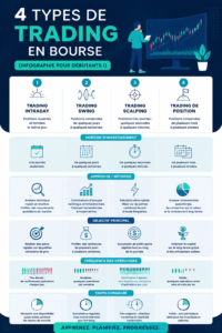 Infographie sur les 4 types de trading pour débutants.