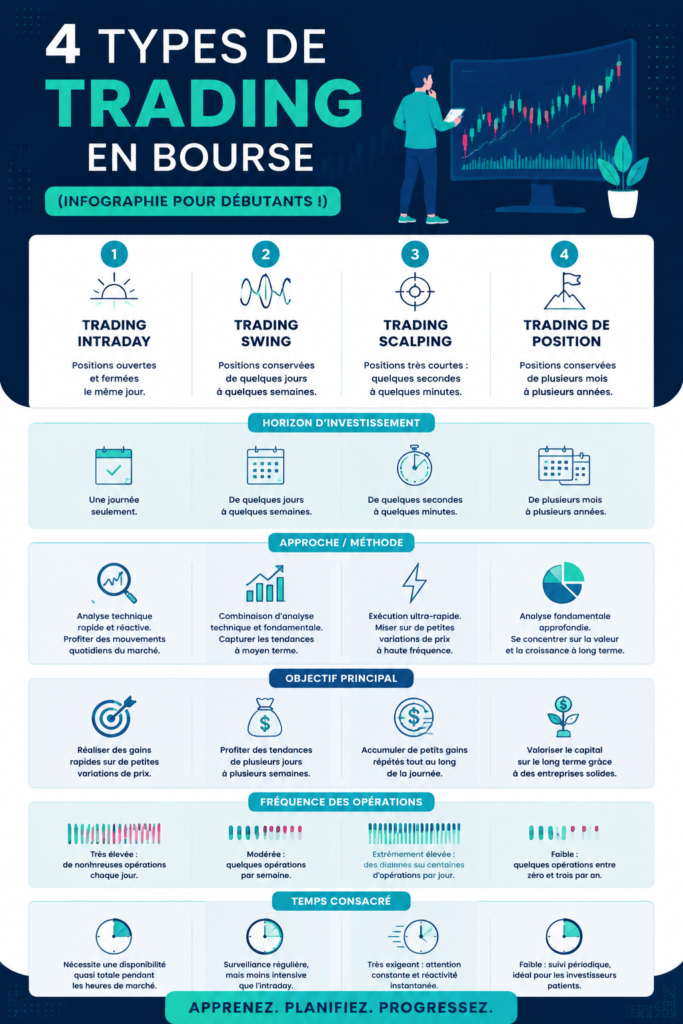 Infographie sur les 4 types de trading pour débutants.