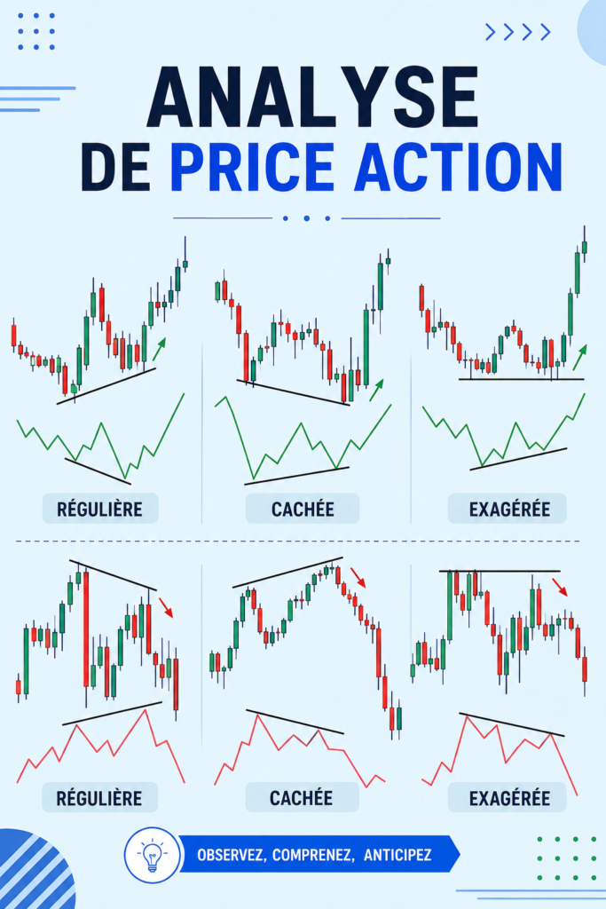 Un graphique boursier montrant une analyse price action avec des mouvements de prix clés.