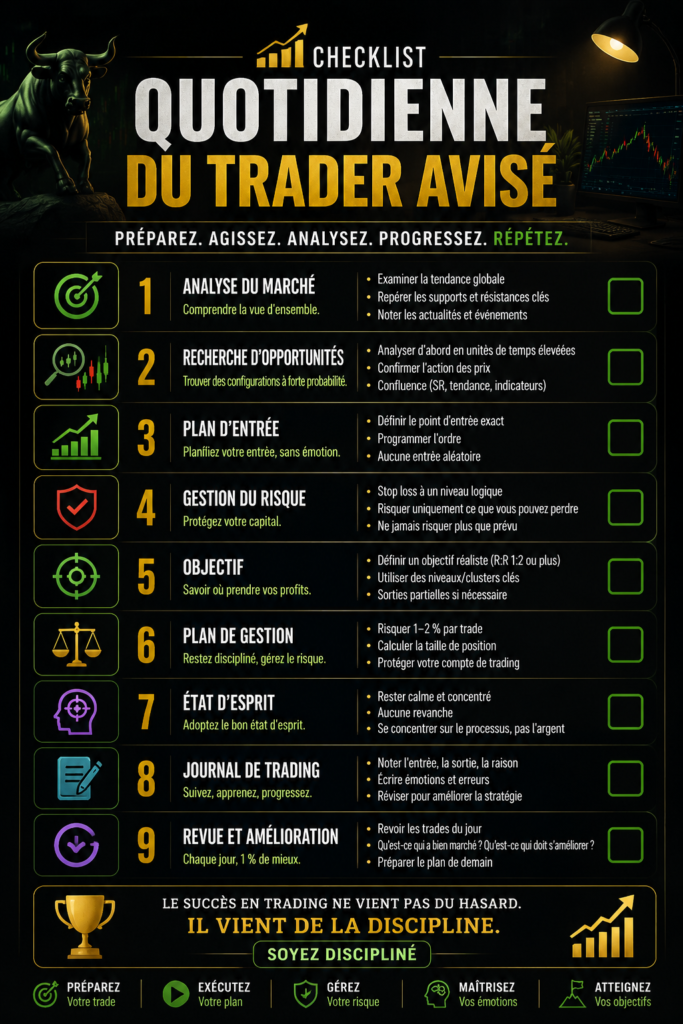 Femme consultant une checklist de trading devant un ordinateur