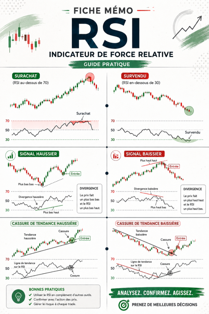 Graphique illustrant le calcul et l'interprétation du RSI en bourse.