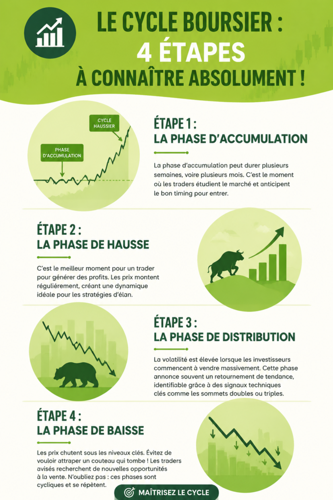 Illustration montrant les quatre étapes essentielles du cycle de la bourse.