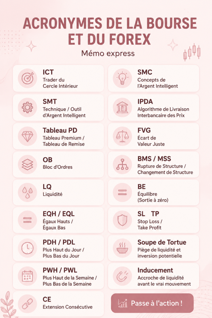 Un graphique de trading montrant des tendances financières avec un vocabulaire boursier écrit en arrière-plan.